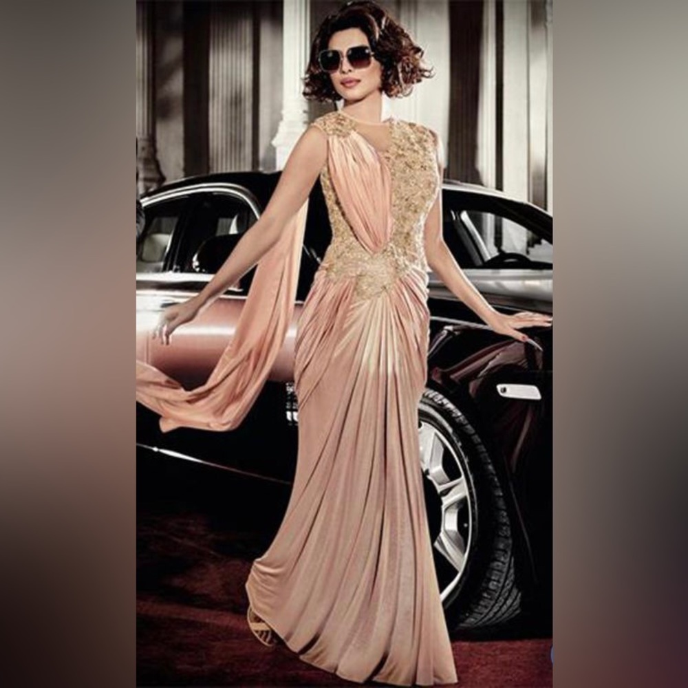 Nude Pink and Gold Sari Gown